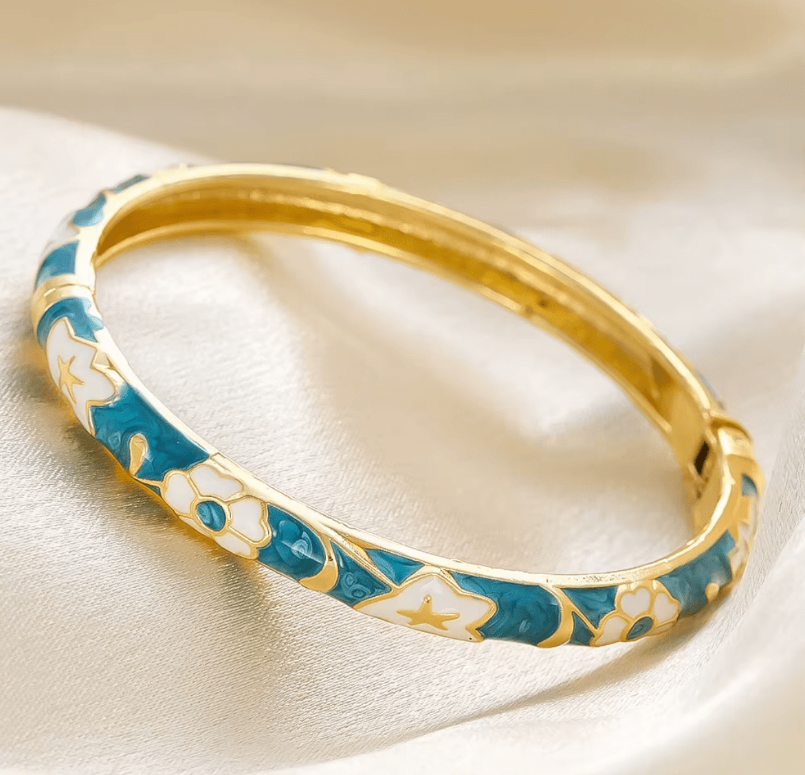 Women Elegant Enamel Glaze Flower Texture Retro Gold Metal Bracelet Bracelets jehouze Blue 