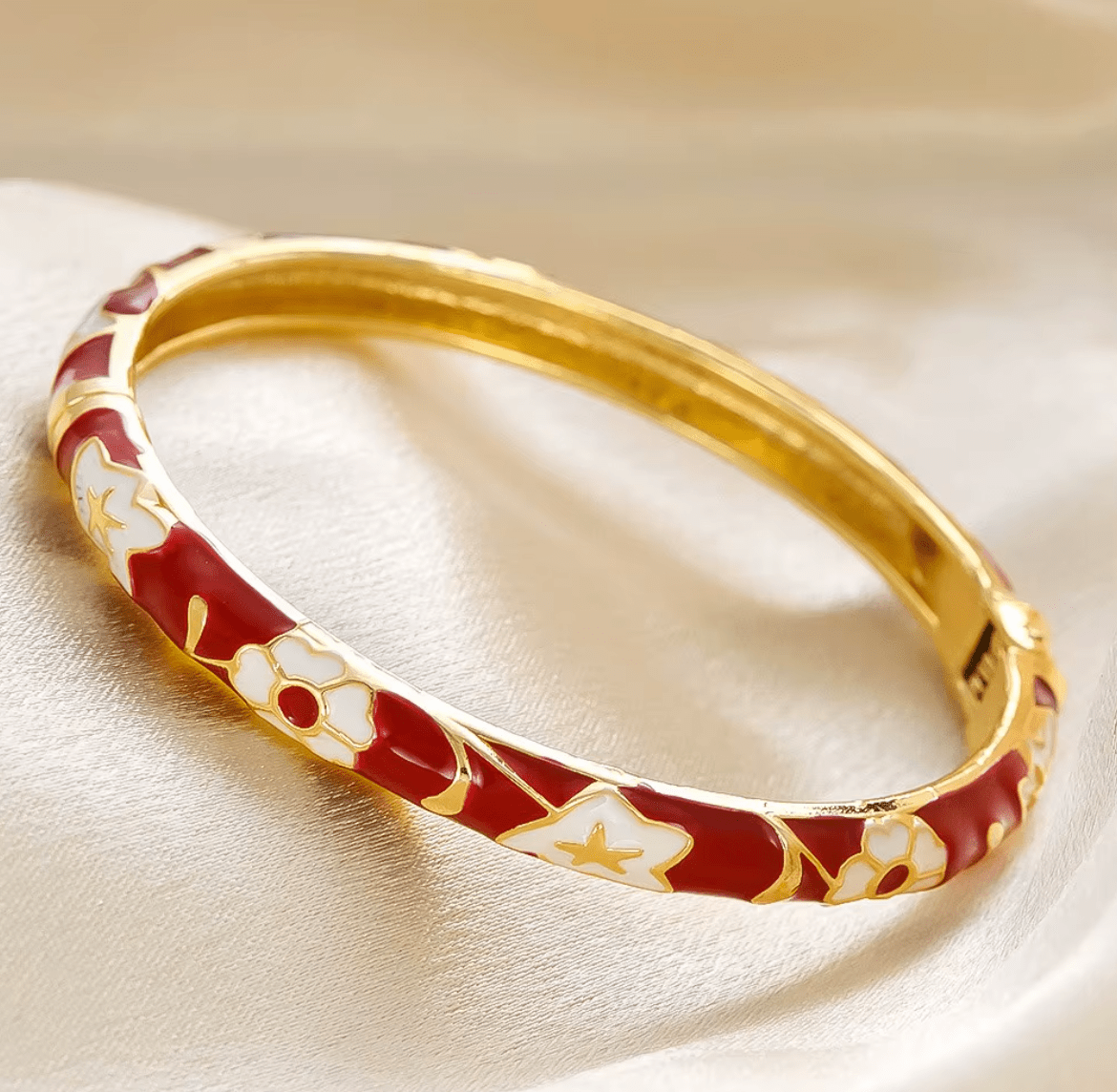 Women Elegant Enamel Glaze Flower Texture Retro Gold Metal Bracelet Bracelets jehouze Red 