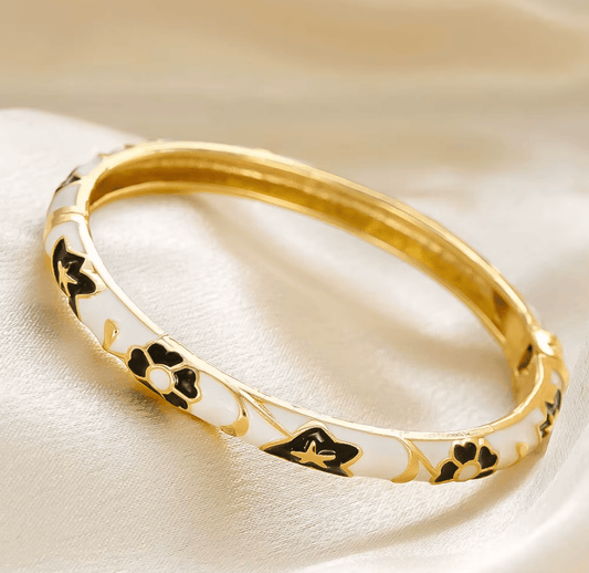 Women Elegant Enamel Glaze Flower Texture Retro Gold Metal Bracelet Bracelets jehouze White 