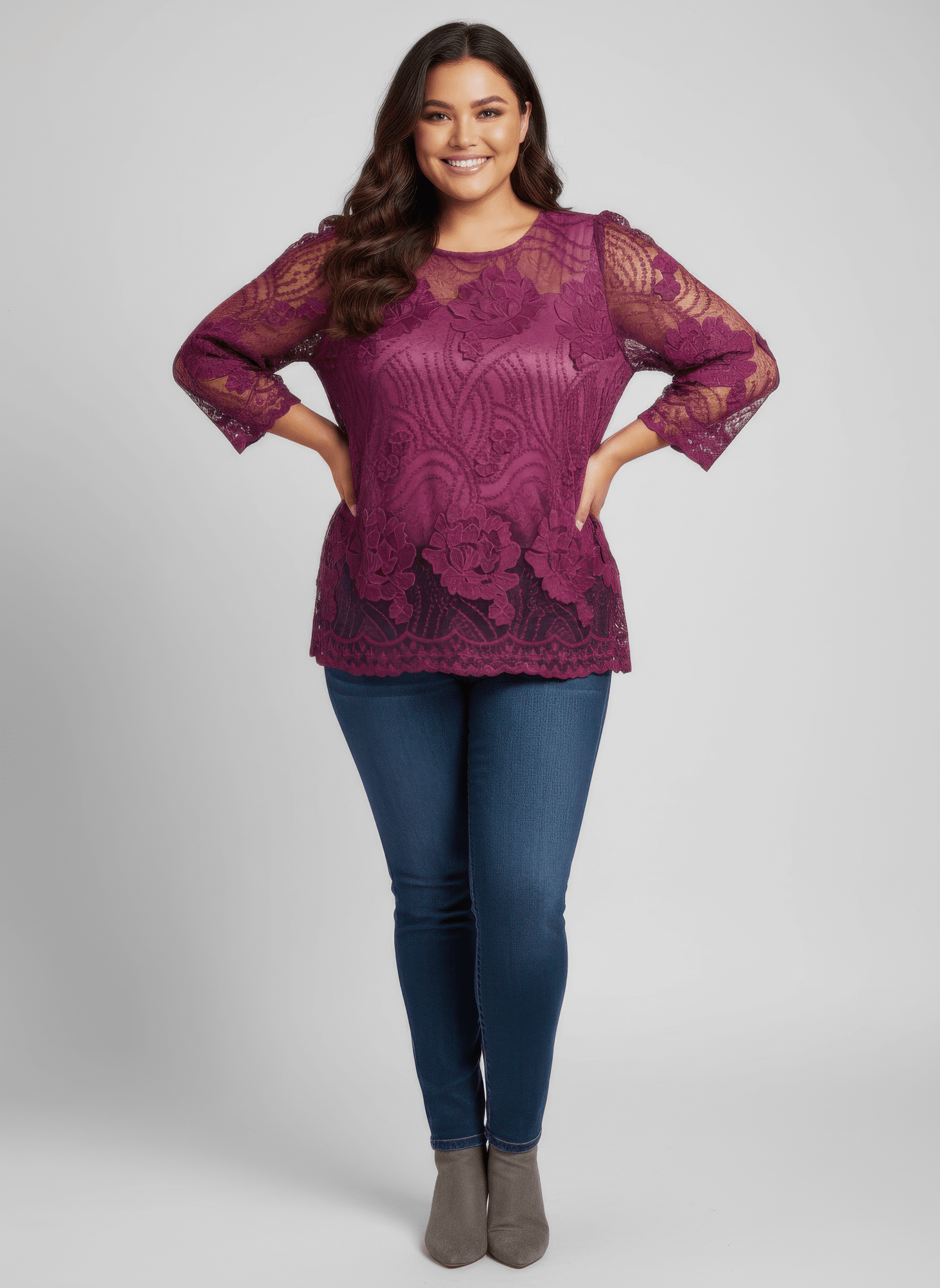 Women Elegant Floral Lace Sleeve Blouse Shirts & Tops jehouze Purple L 