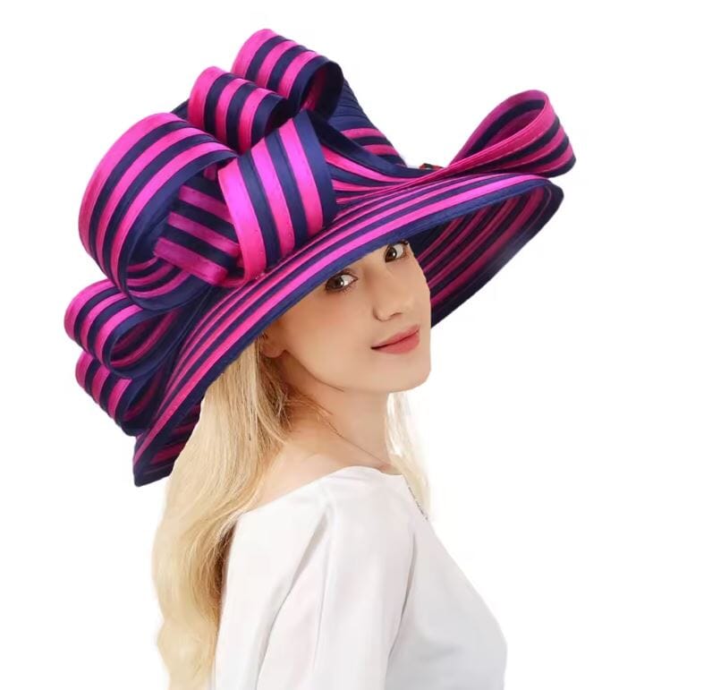 Women Elegant Formal Wedding Party Church Satin Hat Hat jehouze Navy Blue/Rose Red 