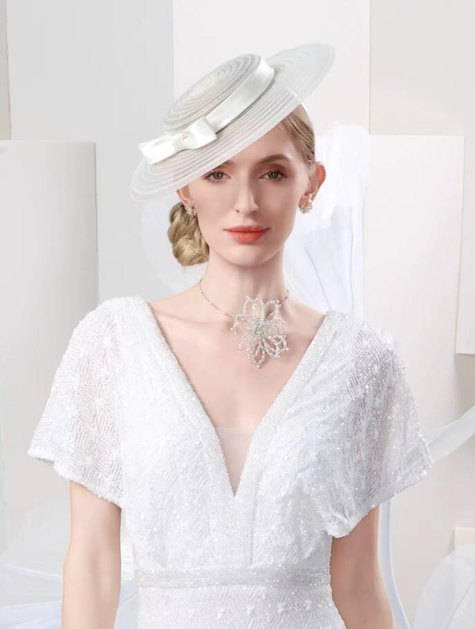 Women Elegant Lady Bow Fedoras Kentucky Wide Brim British Hat Hat jehouze Beige 