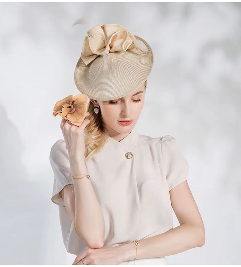 Women Elegant Straw Derby Feather Luxury Cocktail Tea Party Fascinator Hat Hat jehouze Beige 