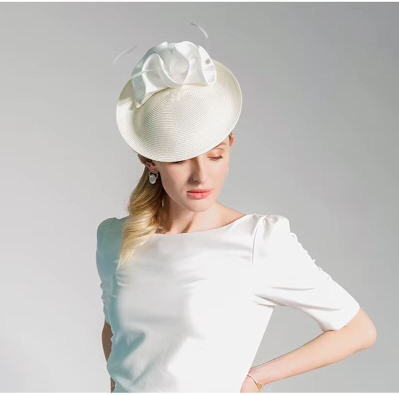 Women Elegant Straw Derby Feather Luxury Cocktail Tea Party Fascinator Hat Hat jehouze White 