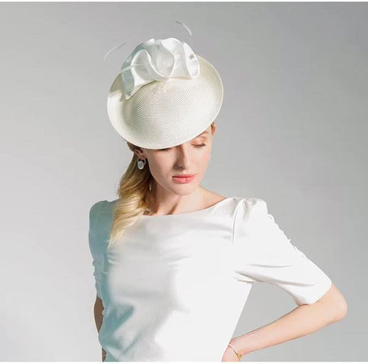 Women Elegant Straw Derby Feather Luxury Cocktail Tea Party Fascinator Hat Hat jehouze White 