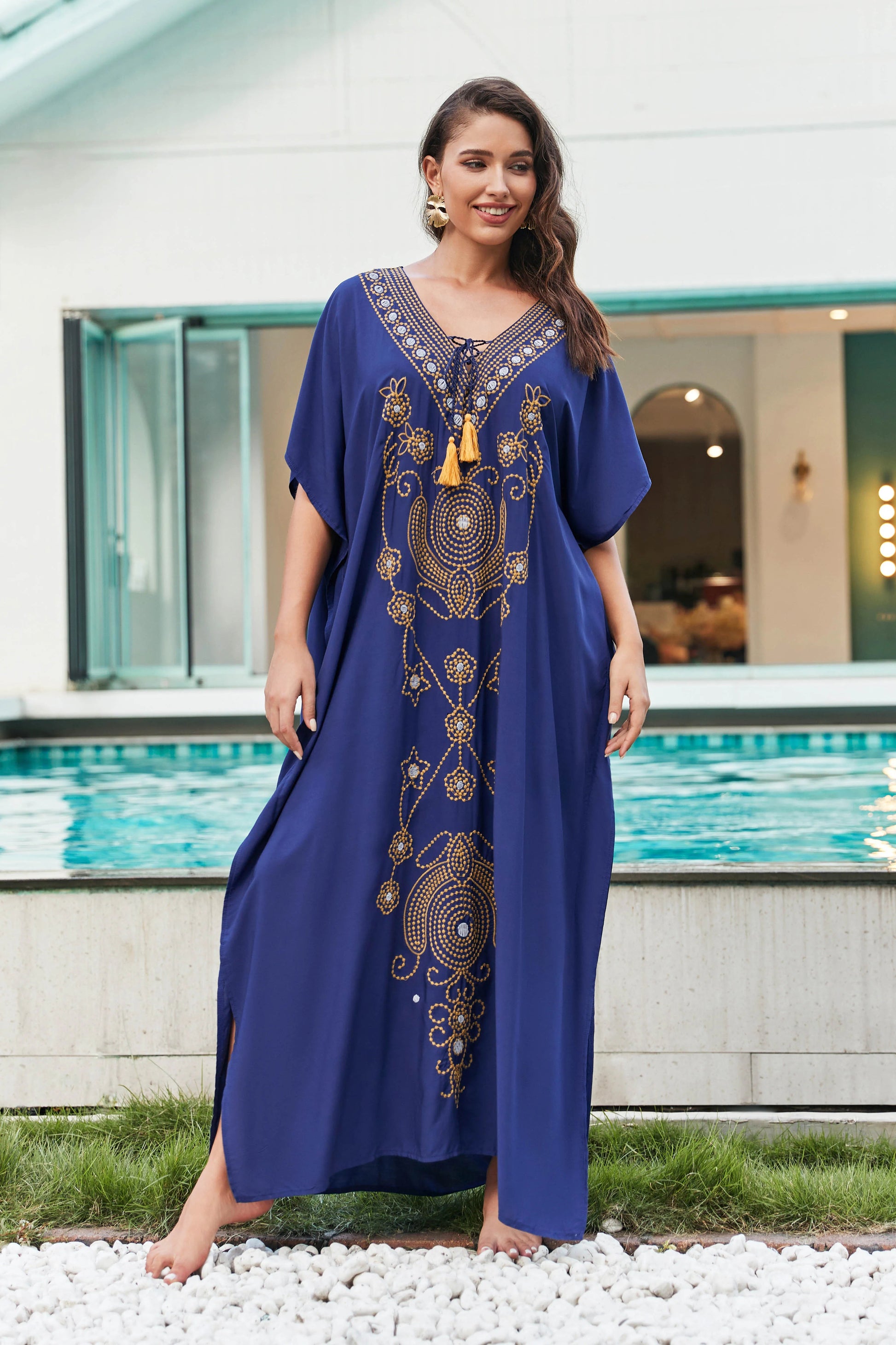 Women Embroidered Beach Coverup V Neck oversize Kraftan Dress Dresses jehouze 