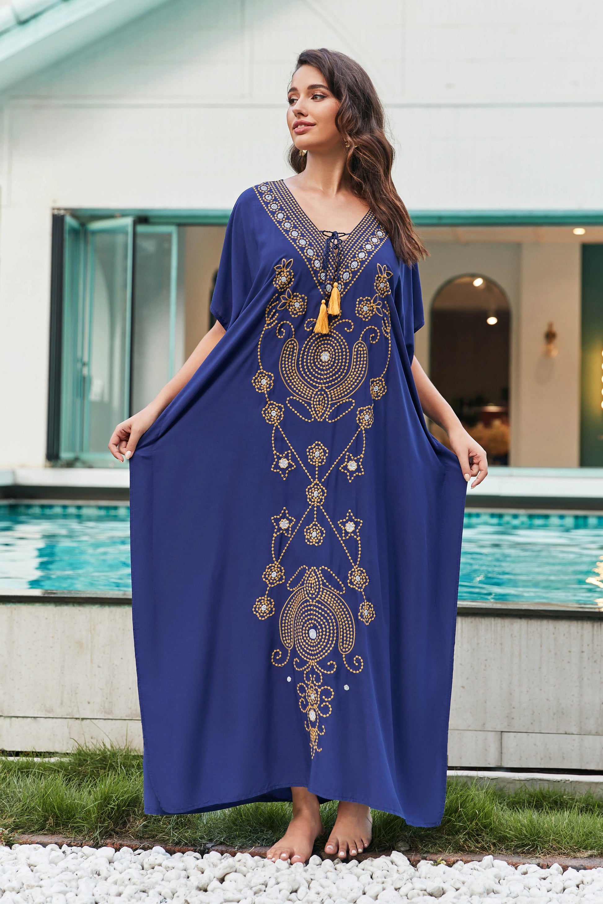 Women Embroidered Beach Coverup V Neck oversize Kraftan Dress Dresses jehouze 