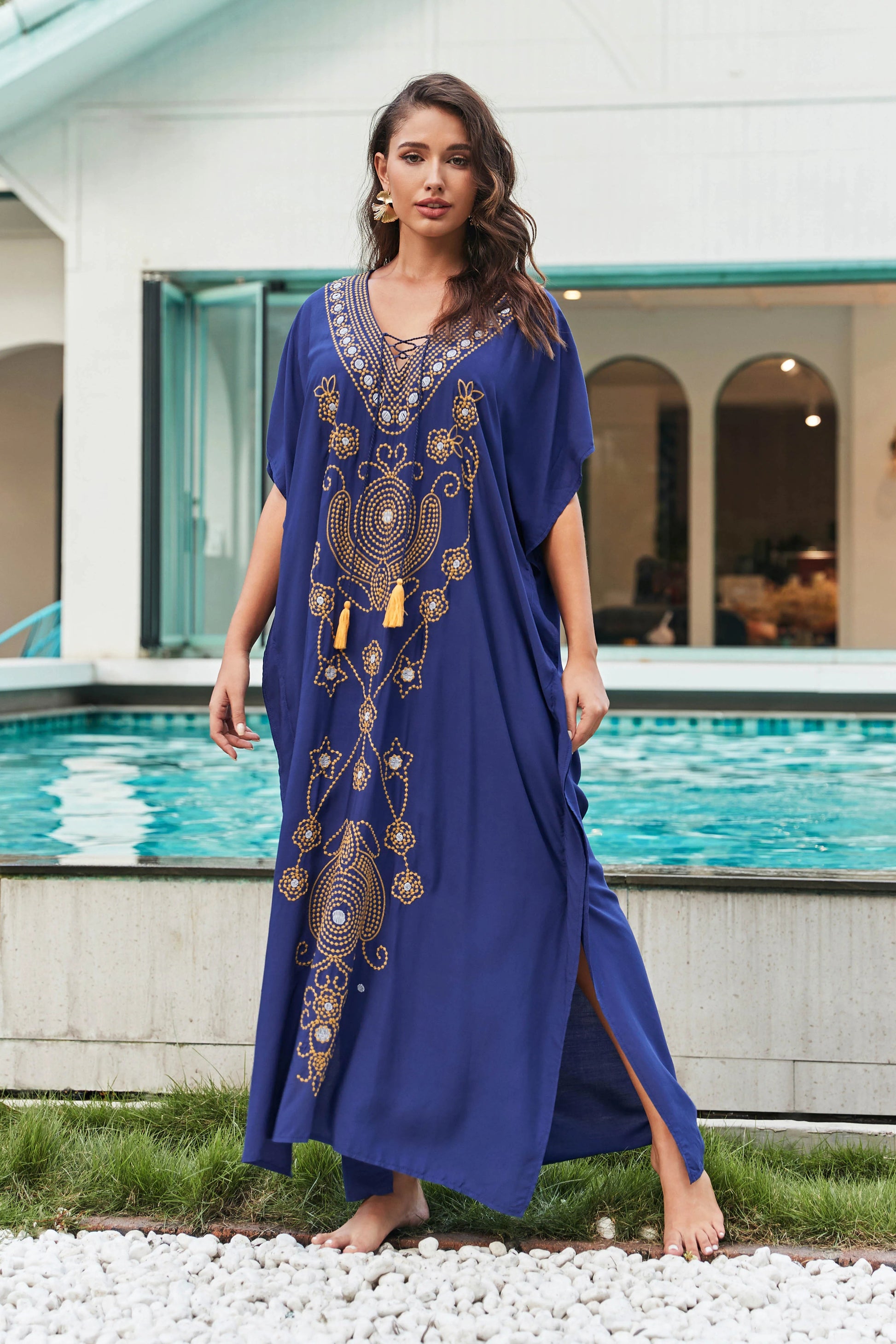 Women Embroidered Beach Coverup V Neck oversize Kraftan Dress Dresses jehouze Blue 