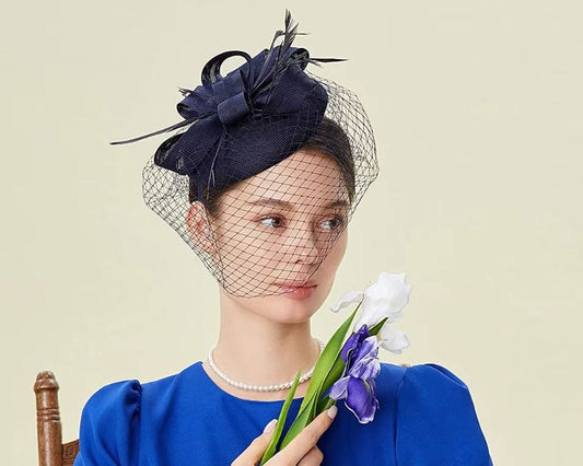 Women Fascinator Derby Wedding Flower Cocktail Mesh Hair Clip Hat Hat jehouze Navy Blue 