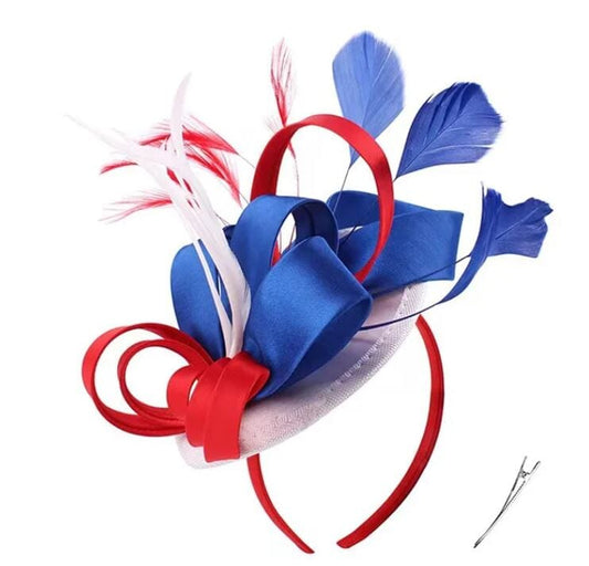 Women Fascinator Hair Clip Kentucky Headband Hat Wedding Cocktail Feather Ribbon Hat jehouze blue/red 