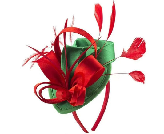 Women Fascinator Hair Clip Kentucky Headband Hat Wedding Cocktail Feather Ribbon Hat jehouze green/red 