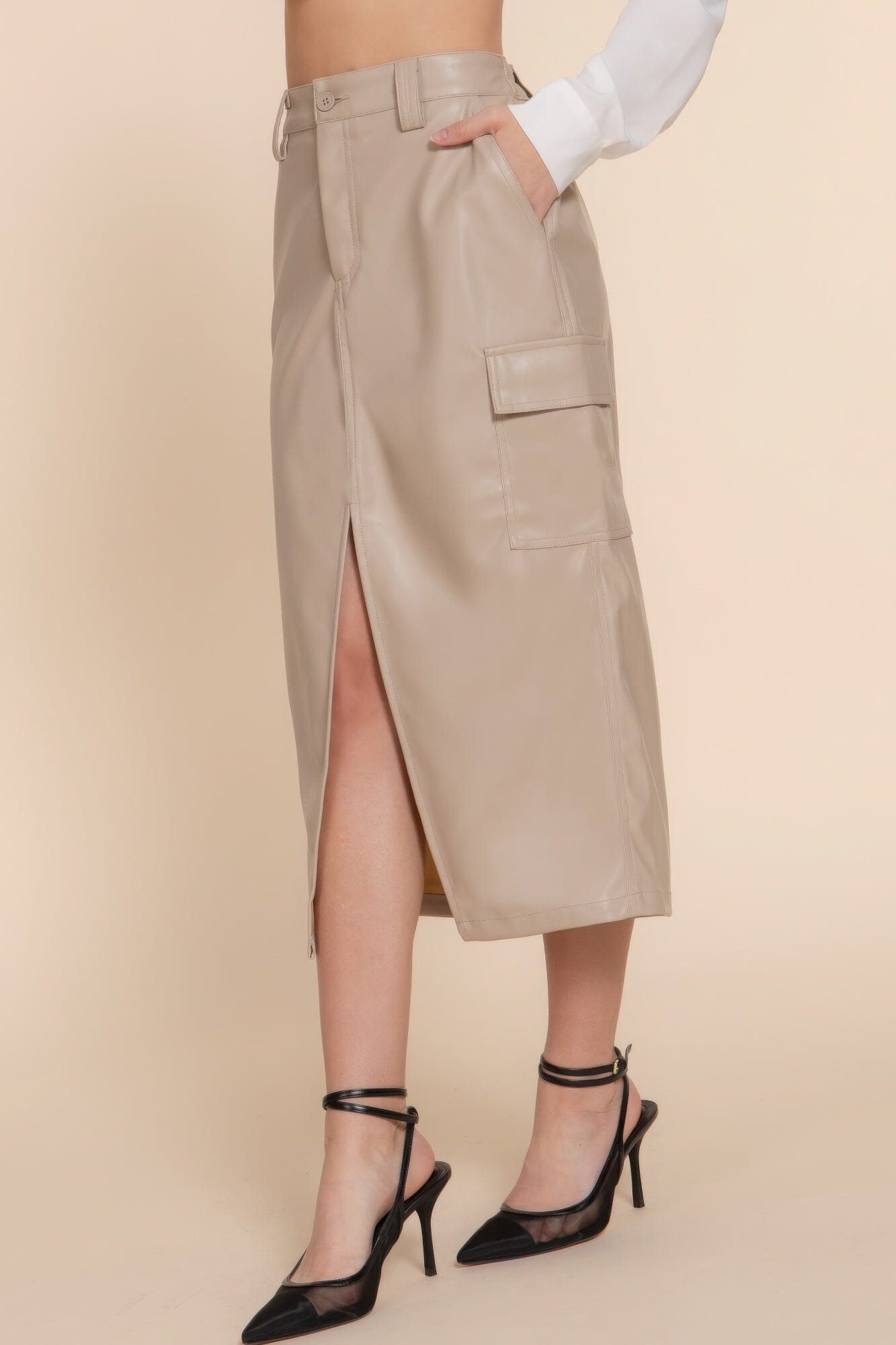 Women Faux Leather Midi Cargo Skirt Skirts jehouze 