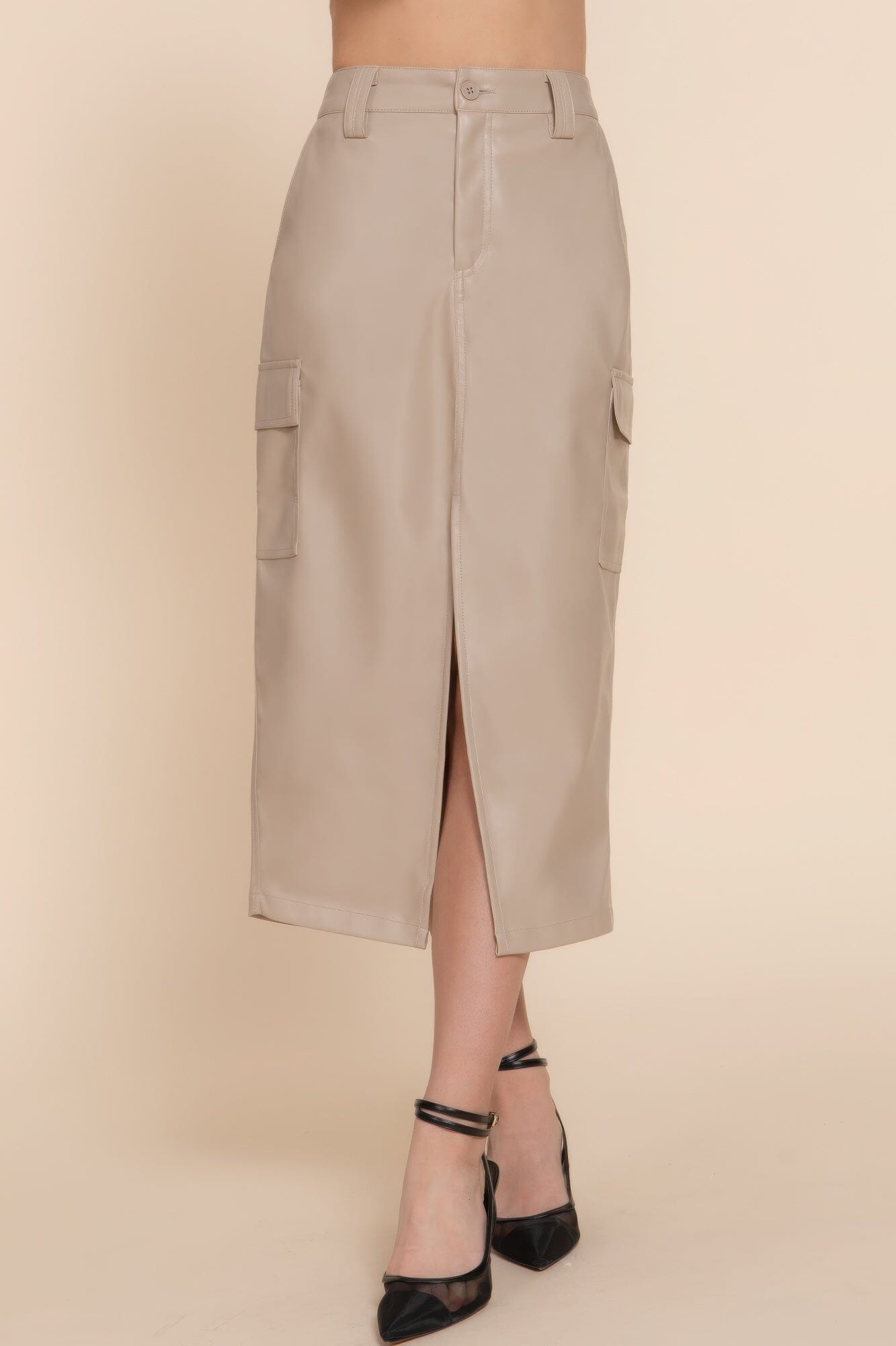 Women Faux Leather Midi Cargo Skirt Skirts jehouze 