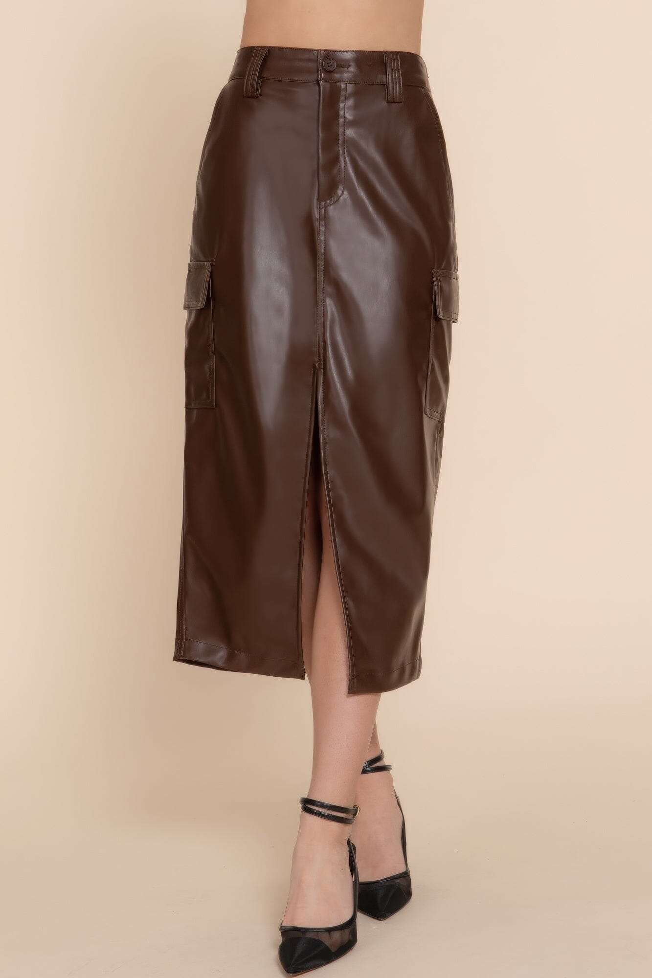 Women Faux Leather Midi Cargo Skirt Skirts jehouze 