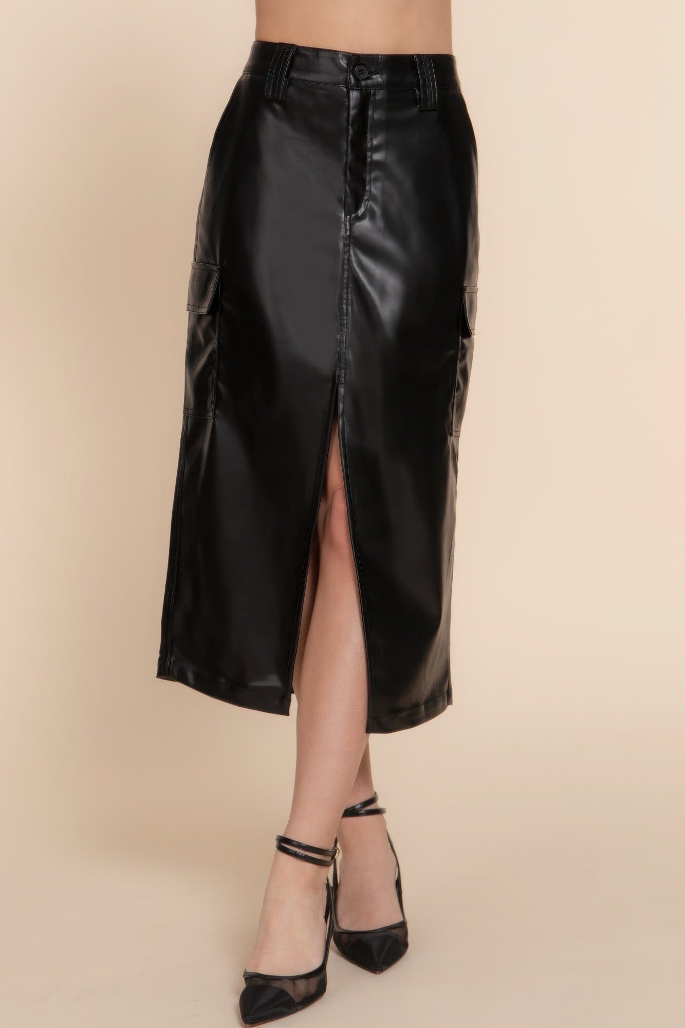 Women Faux Leather Midi Cargo Skirt Skirts jehouze 