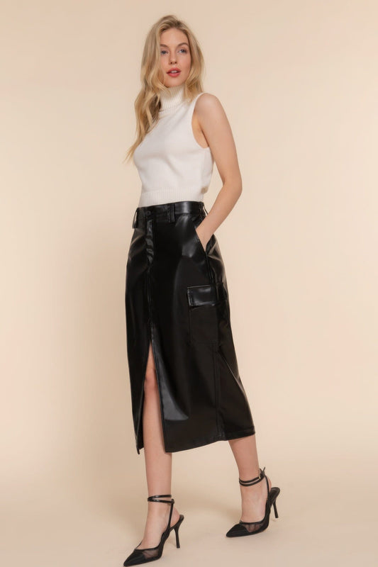 Women Faux Leather Midi Cargo Skirt Skirts jehouze Black S 