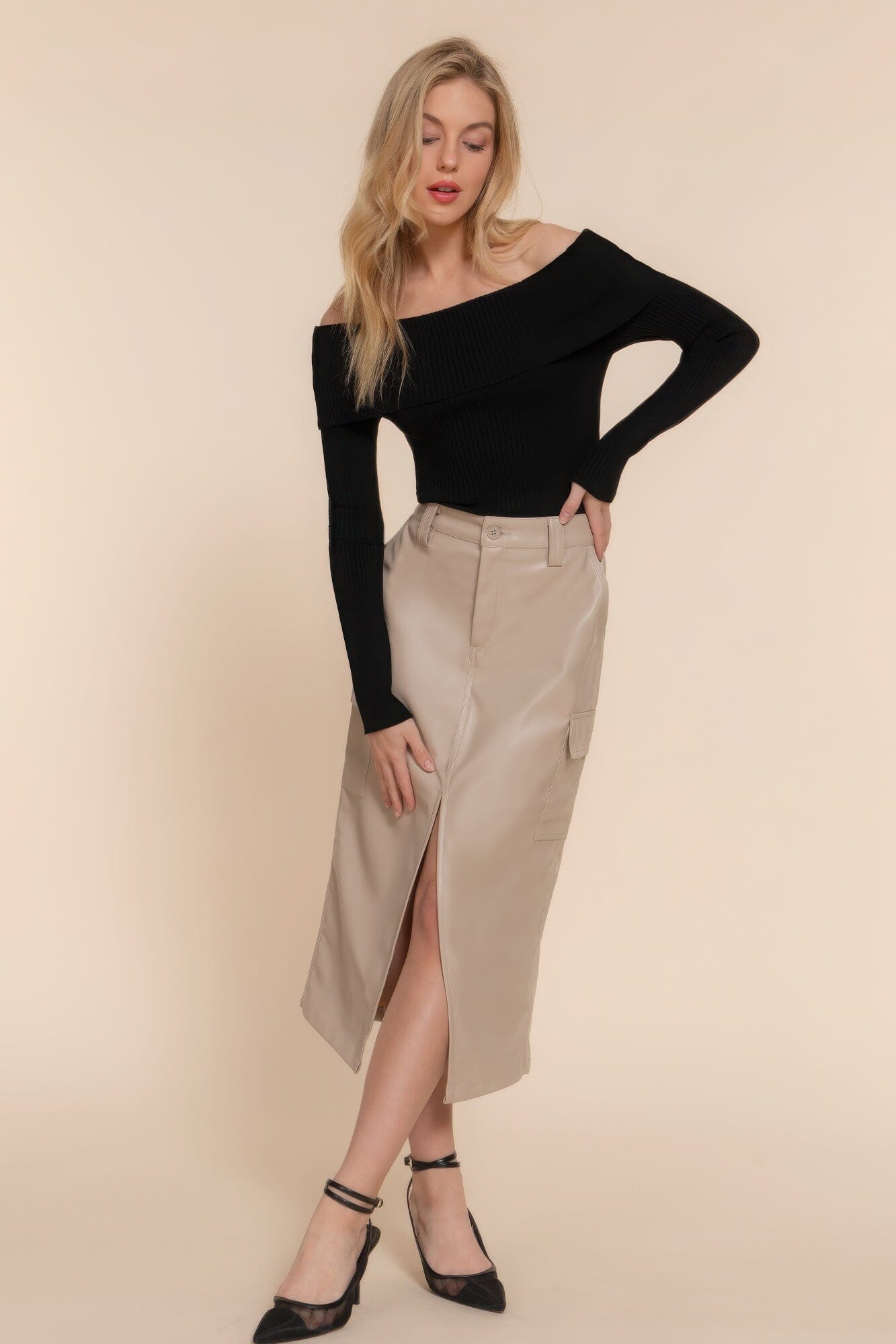 Women Faux Leather Midi Cargo Skirt Skirts jehouze Dark Beige S 