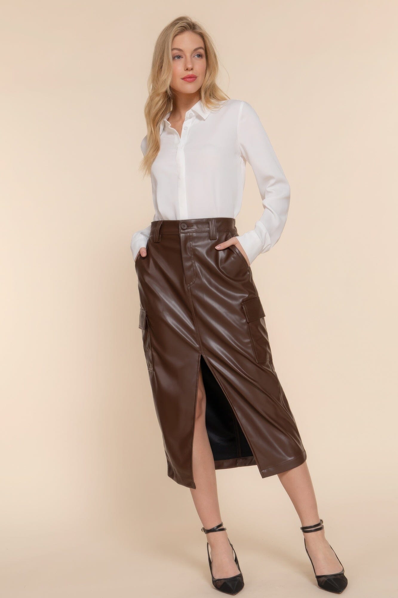 Women Faux Leather Midi Cargo Skirt Skirts jehouze Rich Brown S 