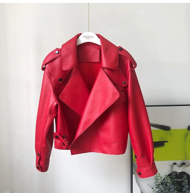 Women Faux Leather Moto Biker Coat Coats & Jackets jehouze Red S 