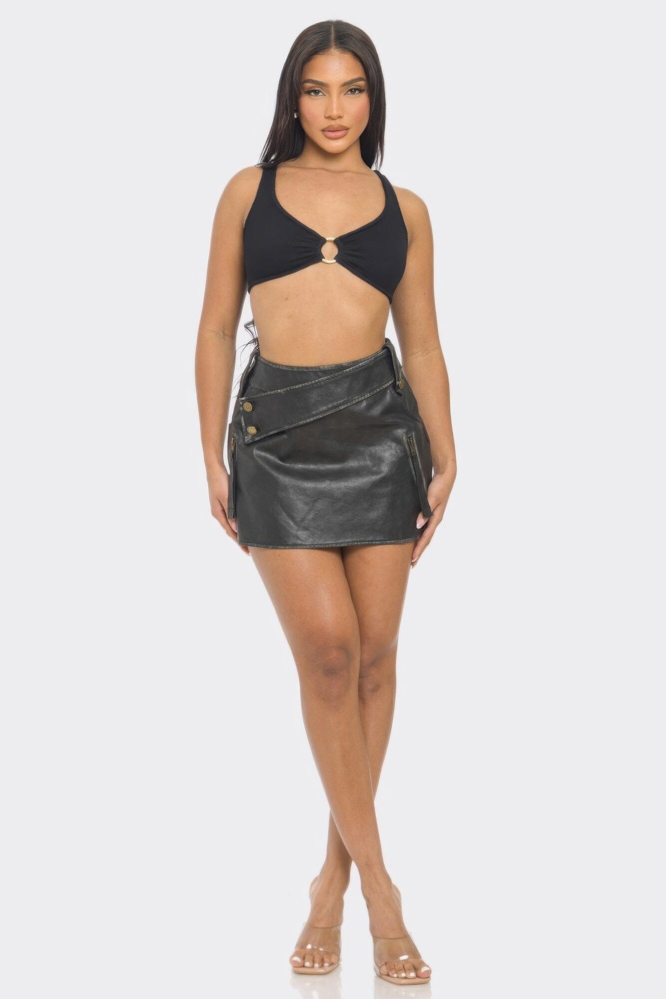 Women Faux Leather Strap Mini Skirt Skirts jehouze 