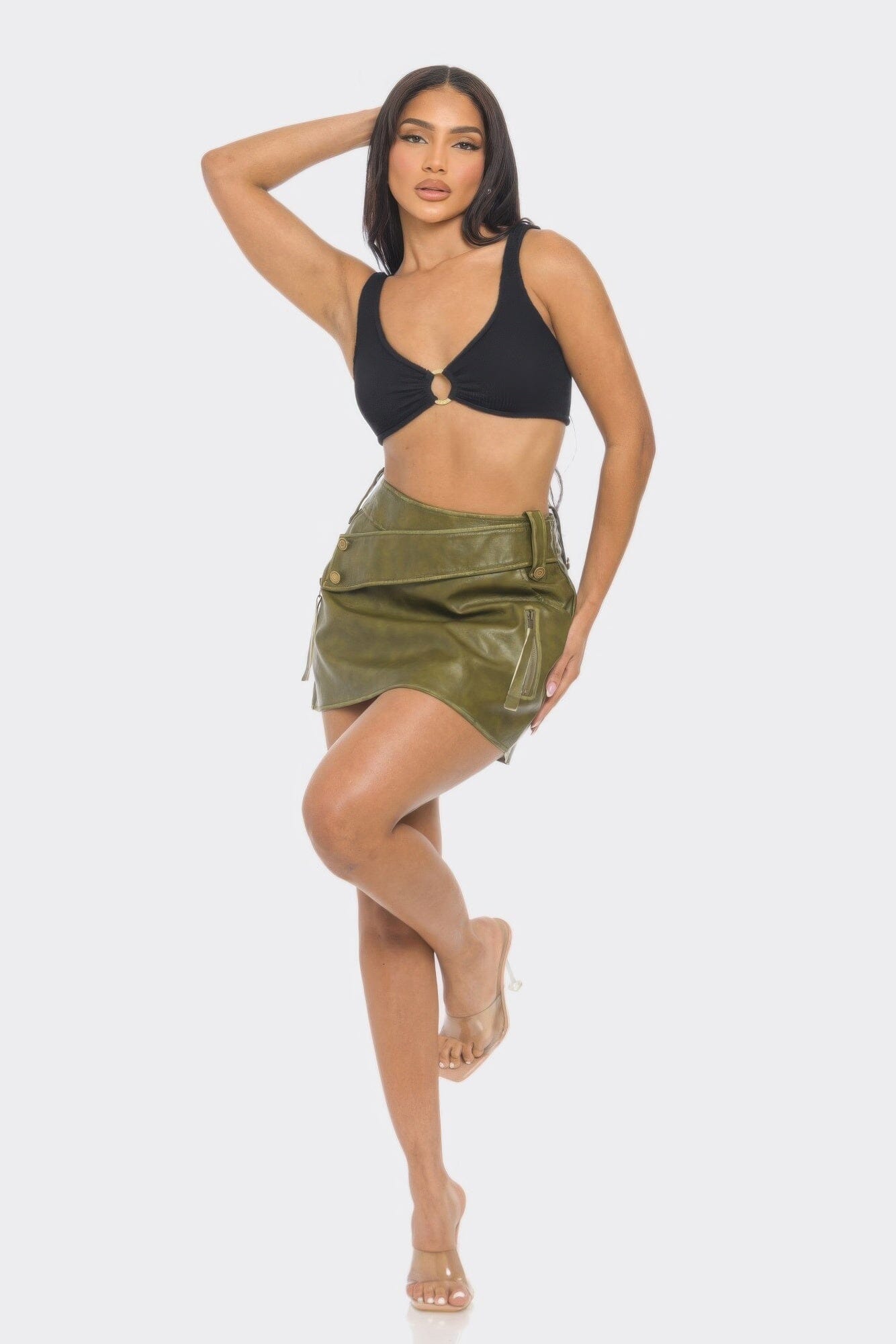 Women Faux Leather Strap Mini Skirt Skirts jehouze 