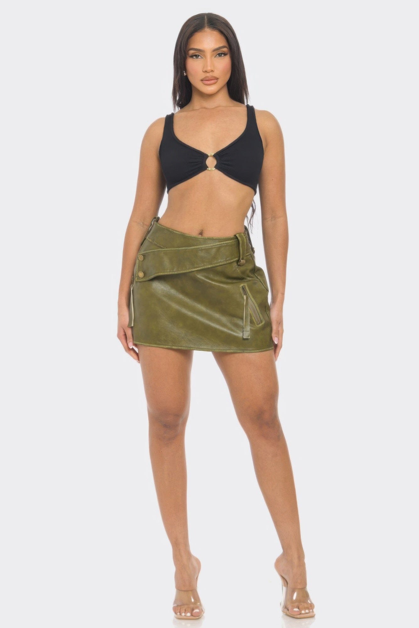 Women Faux Leather Strap Mini Skirt Skirts jehouze Olive S 
