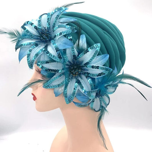 Women Feather Sequins African Wedding Party Headwear Hat jehouze Cyan 