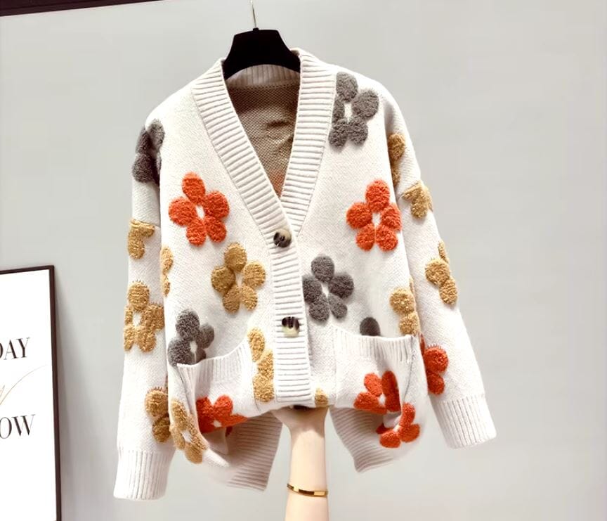 Women Floral Knitted Single Breasted V Neck Sweater Cardigan Coats & Jackets jehouze Beige 