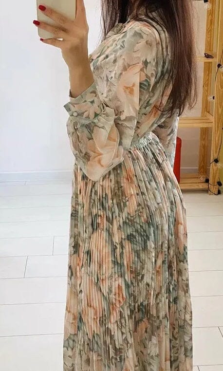 Women Floral Long Sleeve A Line Pleated Flare Cocktail Long Dress_ Dresses jehouze 