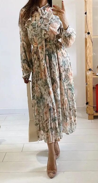 Women Floral Long Sleeve A Line Pleated Flare Cocktail Long Dress_ Dresses jehouze 