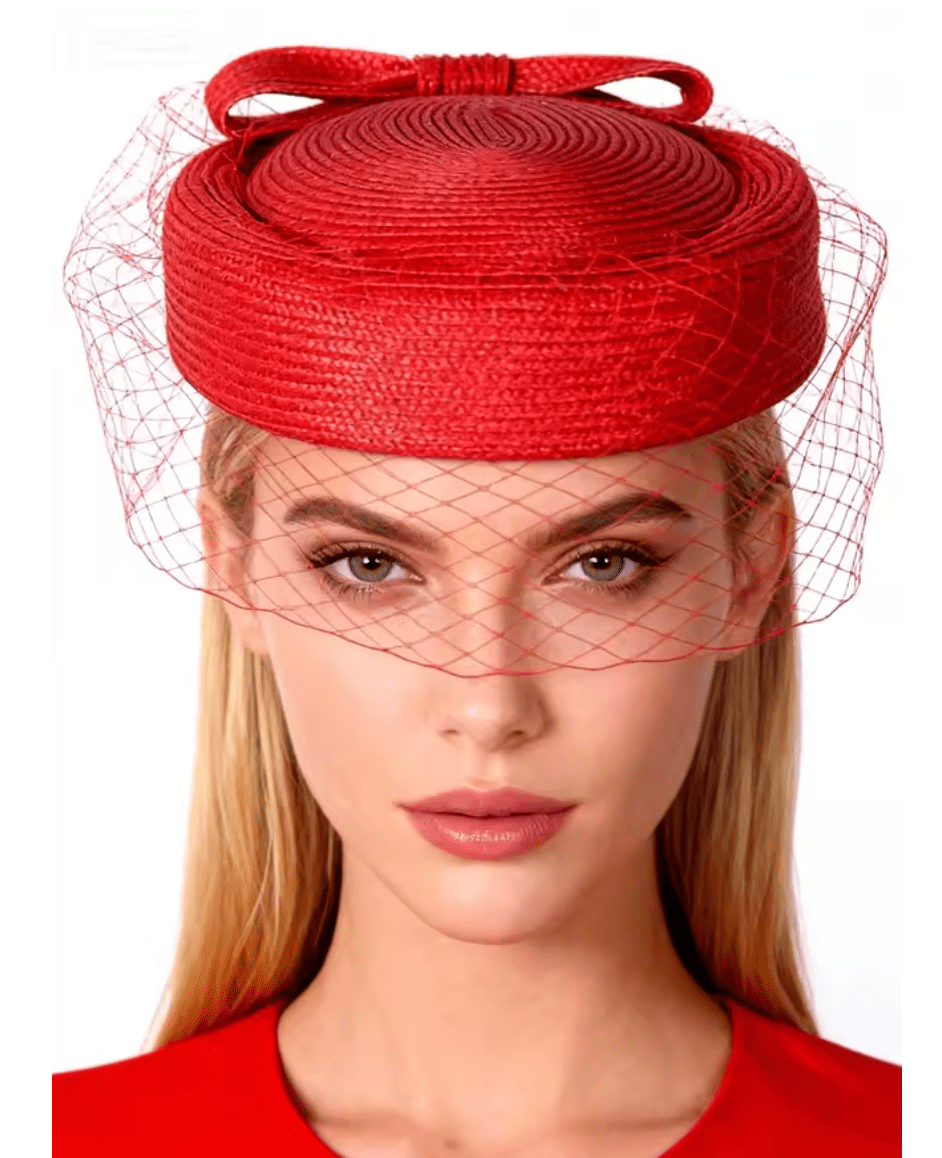 Women French Beret Veil Fedora Cocktail Straw Hat Hat jehouze Red 