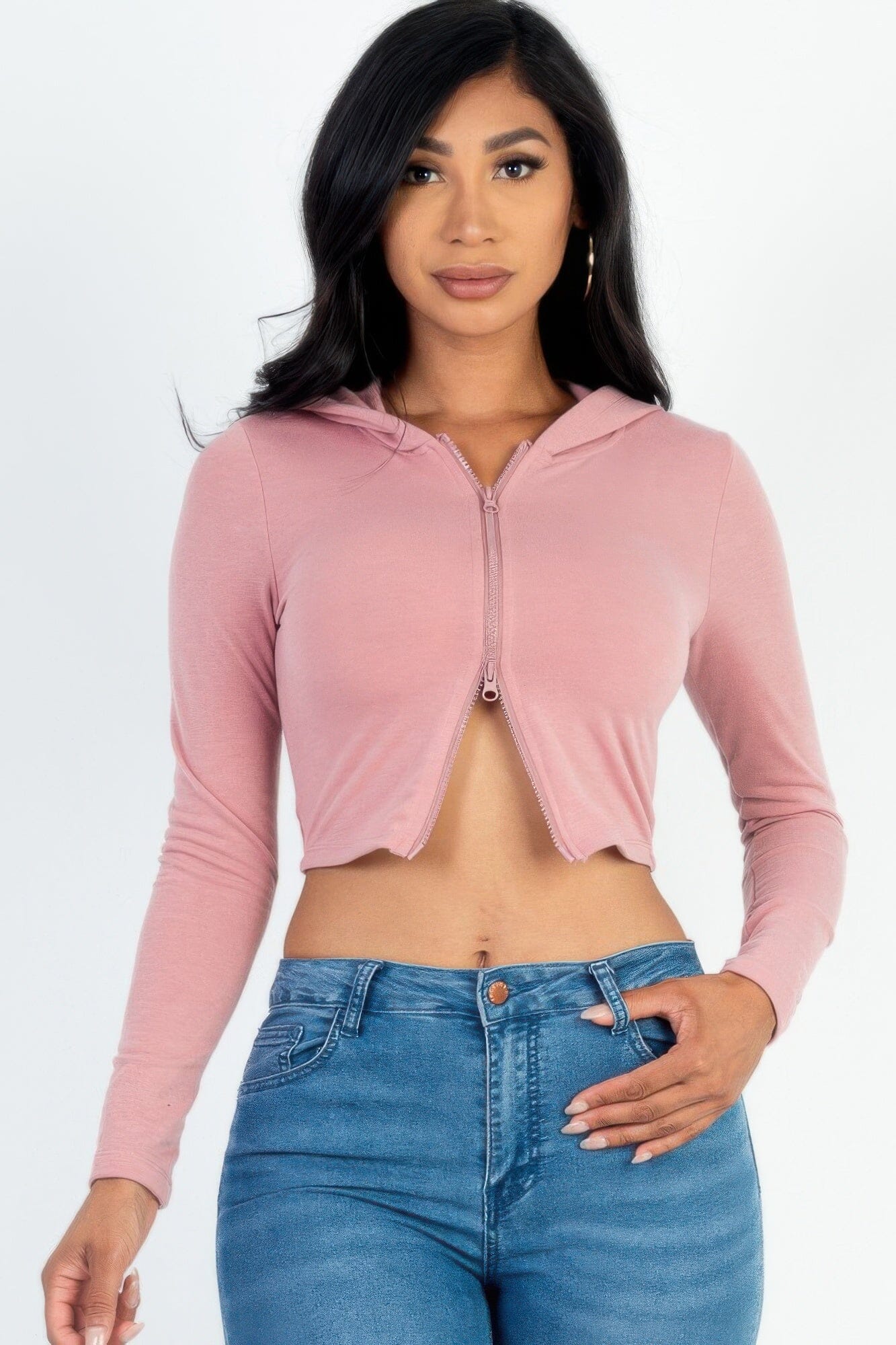 Women French Terry Crop Zip Up Hoodie Shirts & Tops jehouze Rosewood S 
