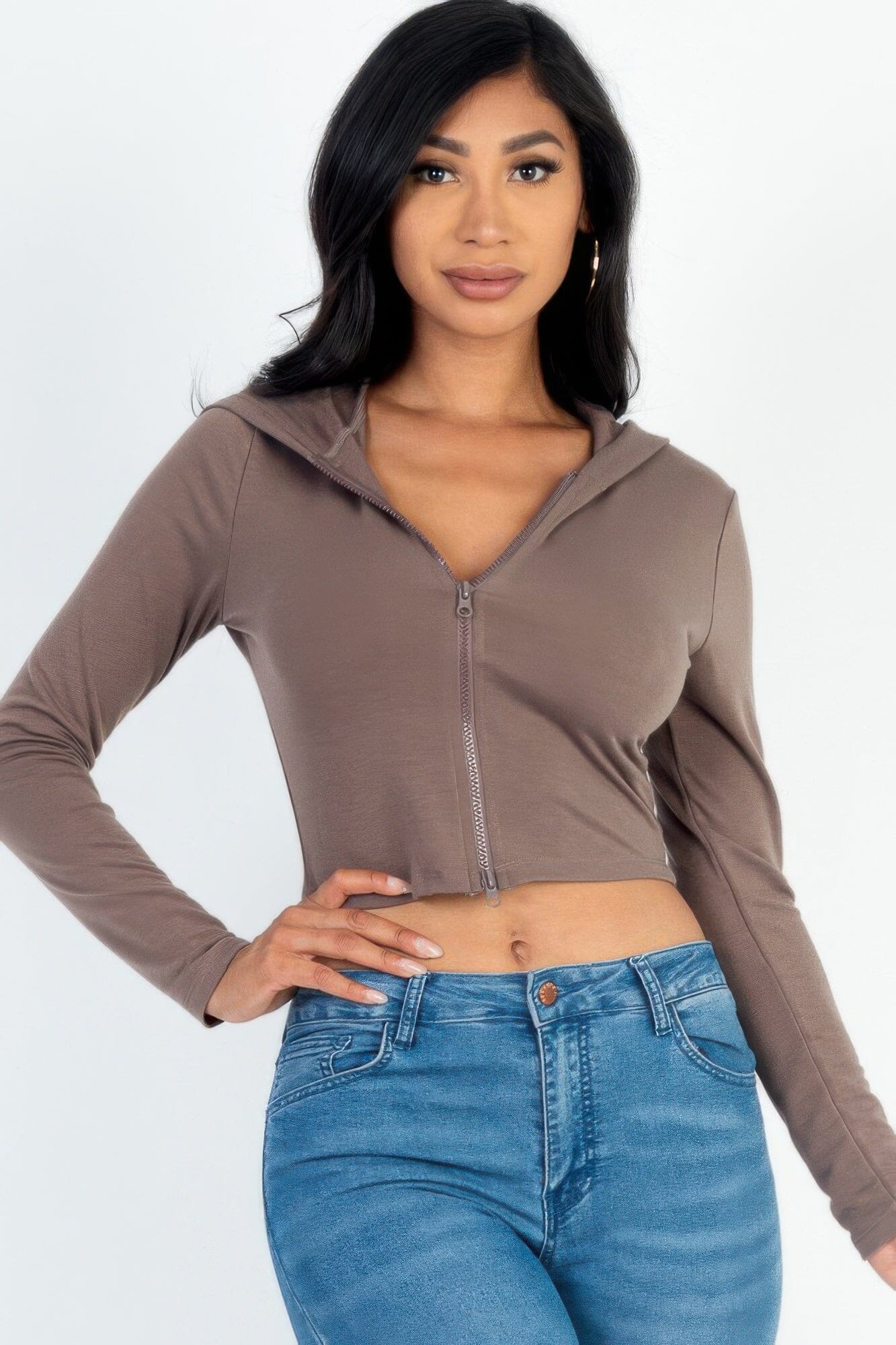 Women French Terry Crop Zip Up Hoodie Shirts & Tops jehouze Taupe S 