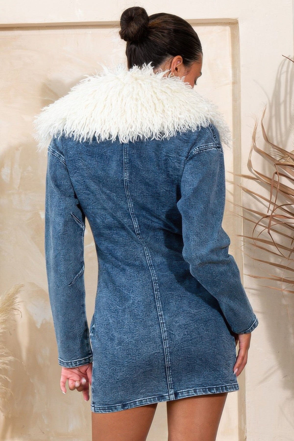 Women Fur Trimmed Zip Up Denim Cargo Dress Dresses jehouze 