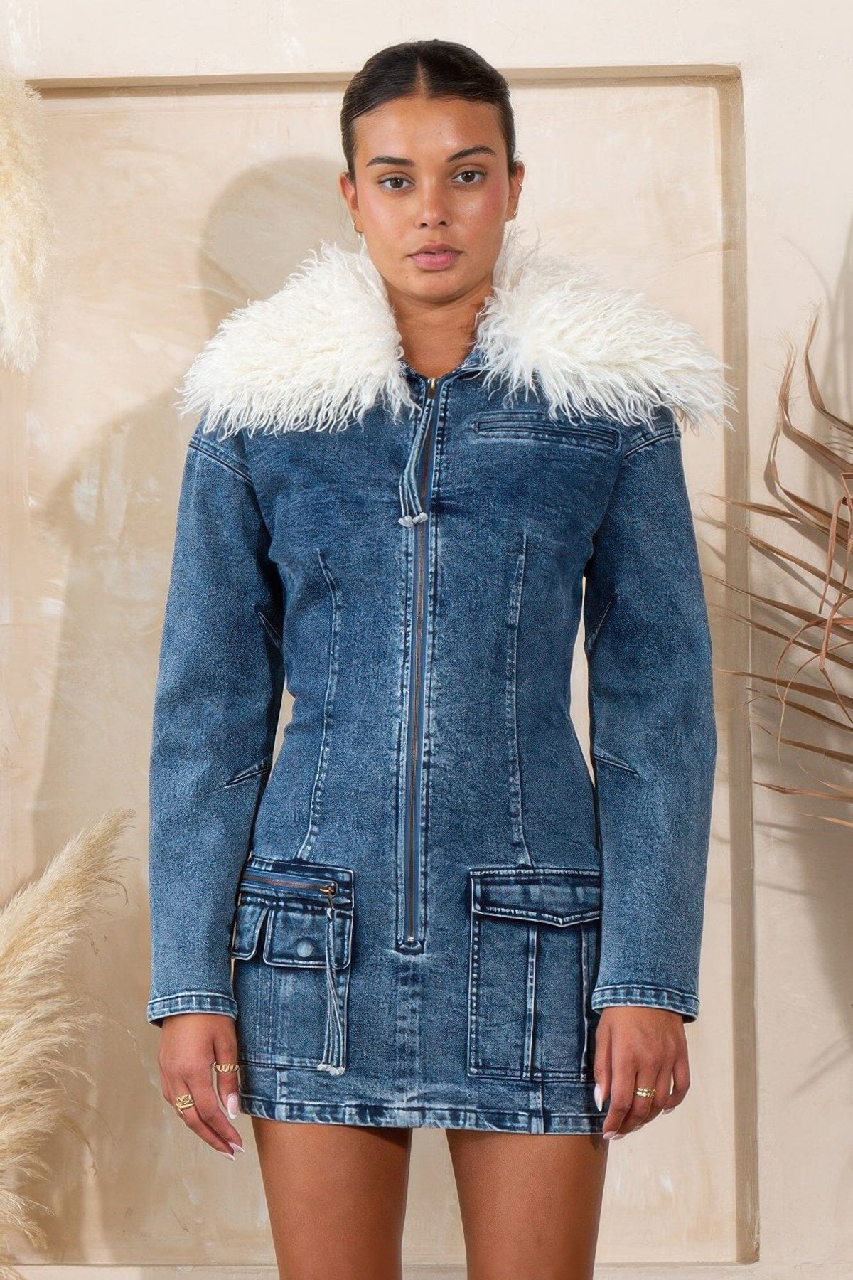Women Fur Trimmed Zip Up Denim Cargo Dress Dresses jehouze 