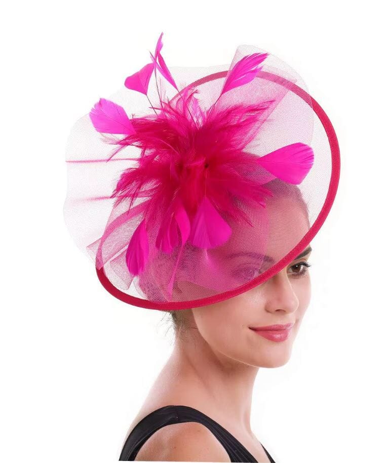 Women Girl Fascinator Mesh Feather Cocktail Wedding Kentucky Hat Tea Party Headwear Hat jehouze Hot Pink 