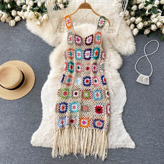 Women Granny Square Crochet Tassel Sleeveless Cover Up Dress Dresses jehouze Apricot 