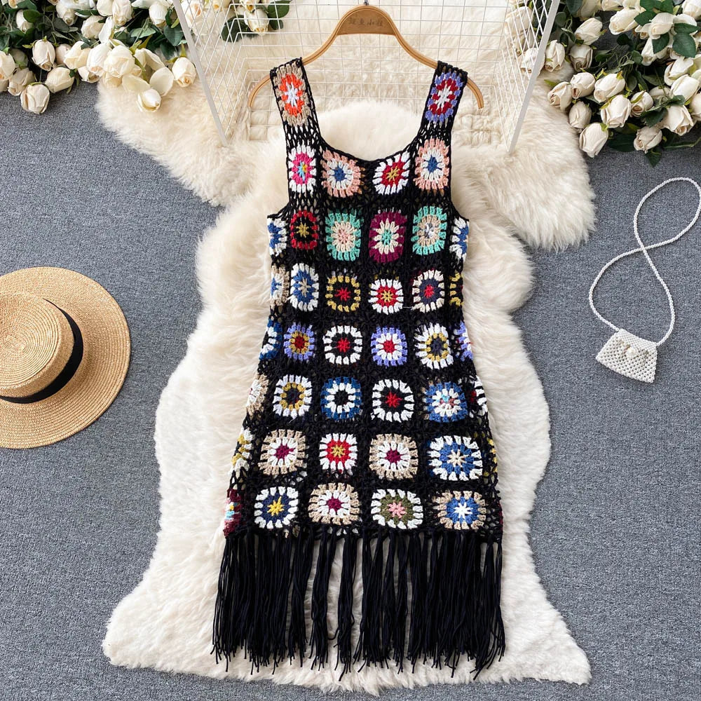 Women Granny Square Crochet Tassel Sleeveless Cover Up Dress Dresses jehouze Black 