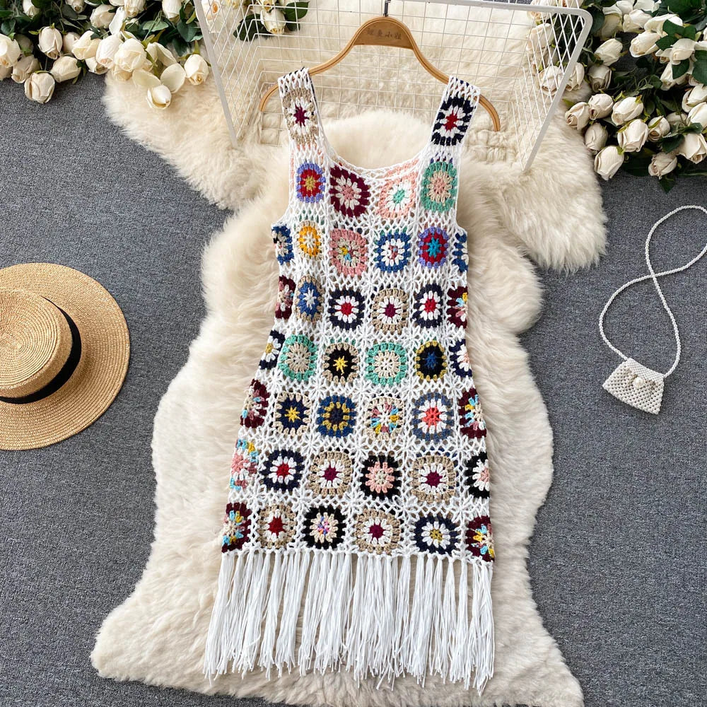 Women Granny Square Crochet Tassel Sleeveless Cover Up Dress Dresses jehouze White 