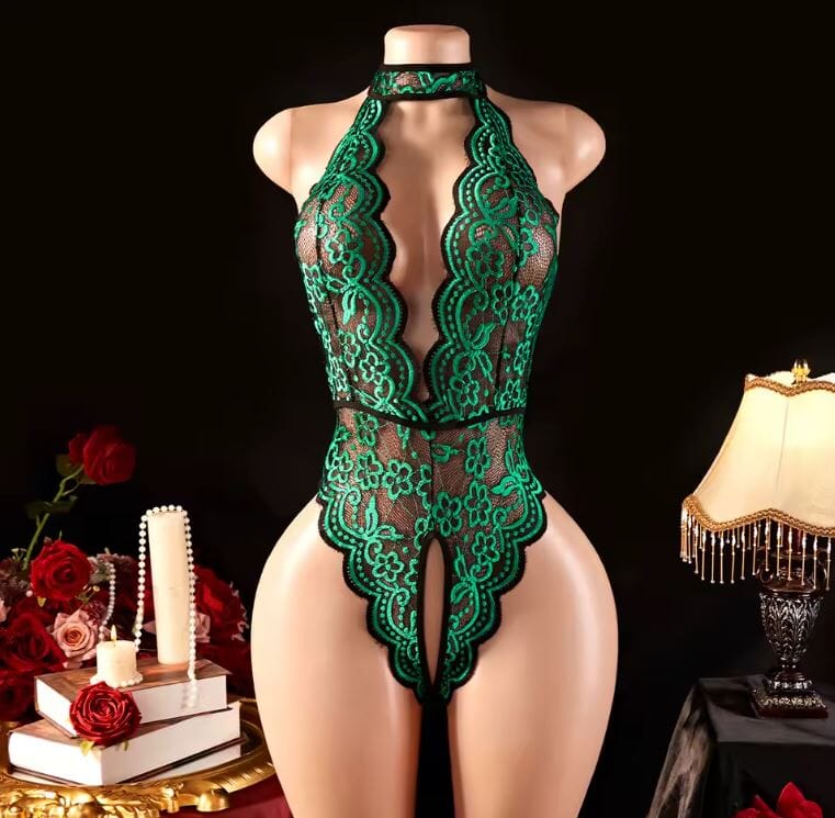 Women Halter Lace Bodysuit Sleepwear One Piece Babydoll Lingerie Lingerie jehouze 289-green S 