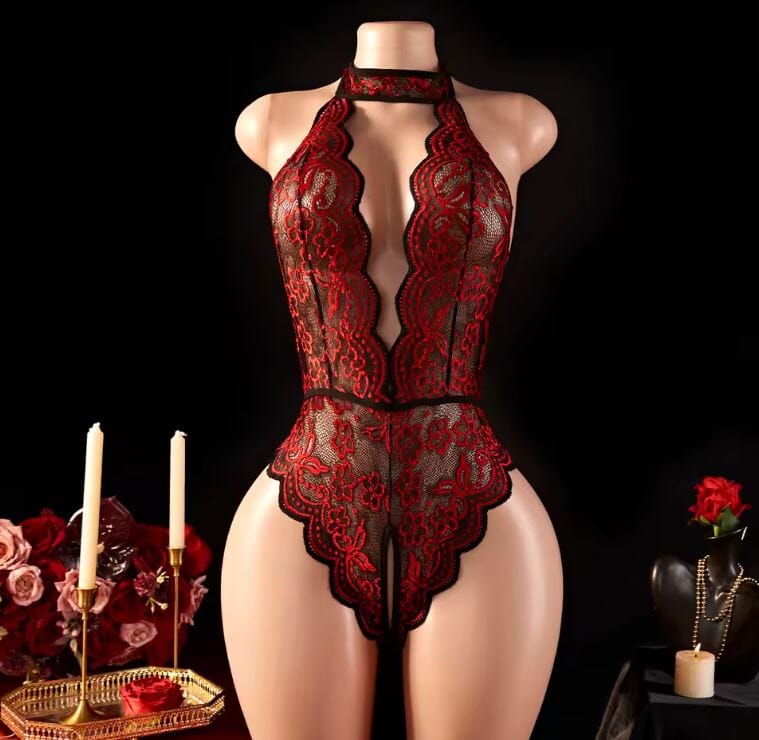 Women Halter Lace Bodysuit Sleepwear One Piece Babydoll Lingerie Lingerie jehouze 289-red S 