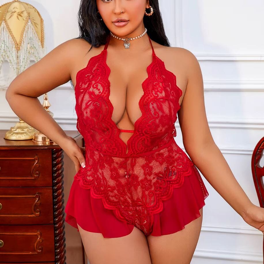 Women Halter Neck Lingerie Lace Bodysuit Teddy Deep V One Piece Lace Babydoll Lingerie jehouze 