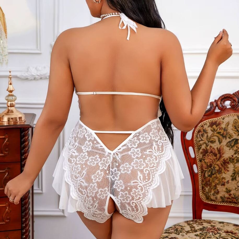 Women Halter Neck Lingerie Lace Bodysuit Teddy Deep V One Piece Lace Babydoll Lingerie jehouze 