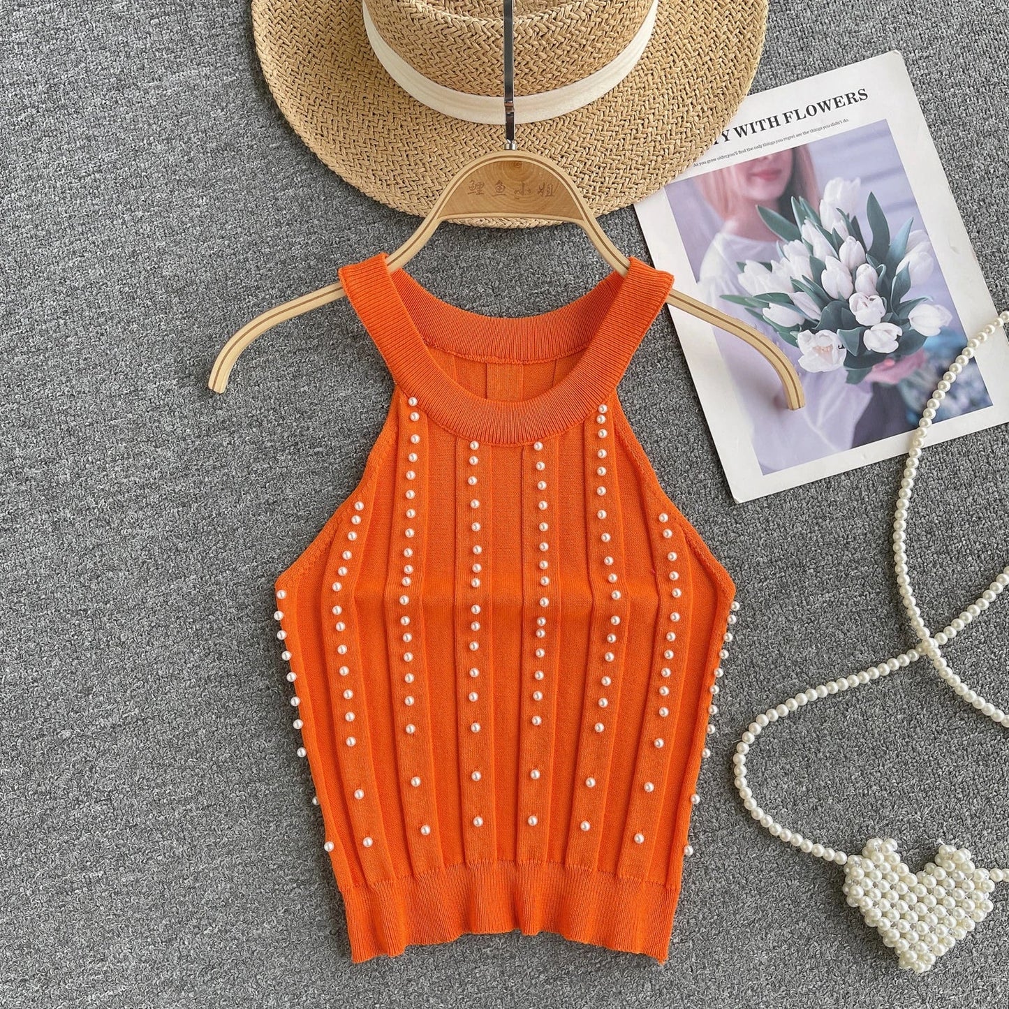 Women Halter Sleeveless Beaded Ribbed Fitted Tank Top Shirts & Tops jehouze Orange 