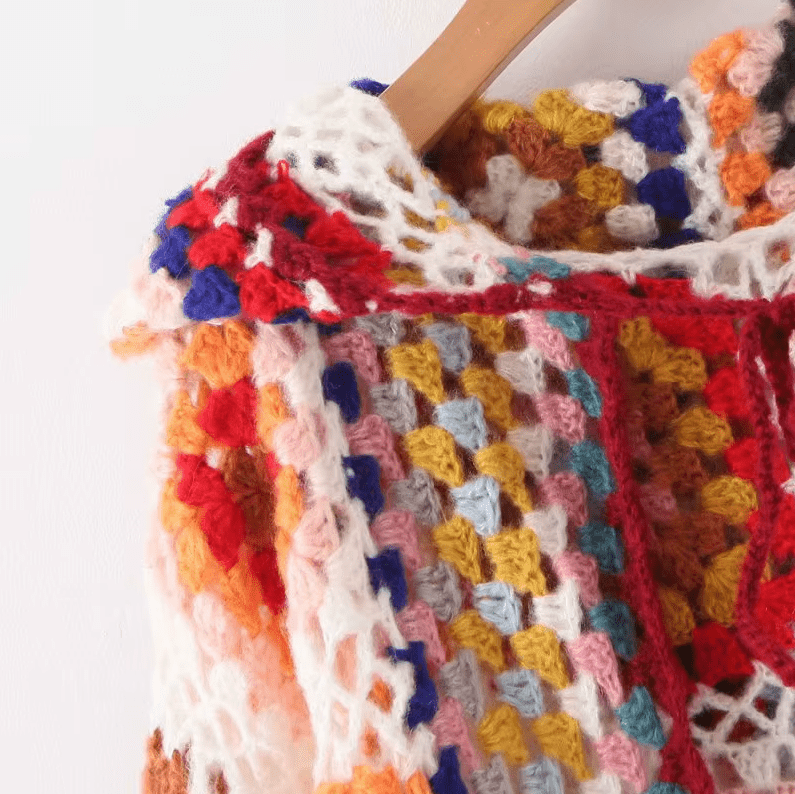 Women Hand Made Granny Square Crochet Hooded Long Sleeve Cardigan Coats & Jackets jehouze 
