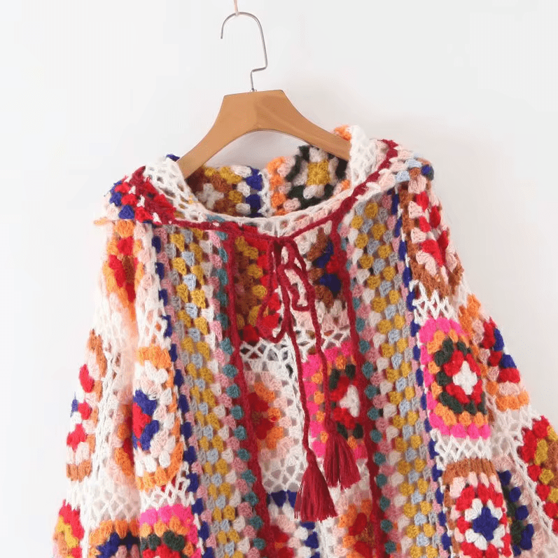 Women Hand Made Granny Square Crochet Hooded Long Sleeve Cardigan Coats & Jackets jehouze 