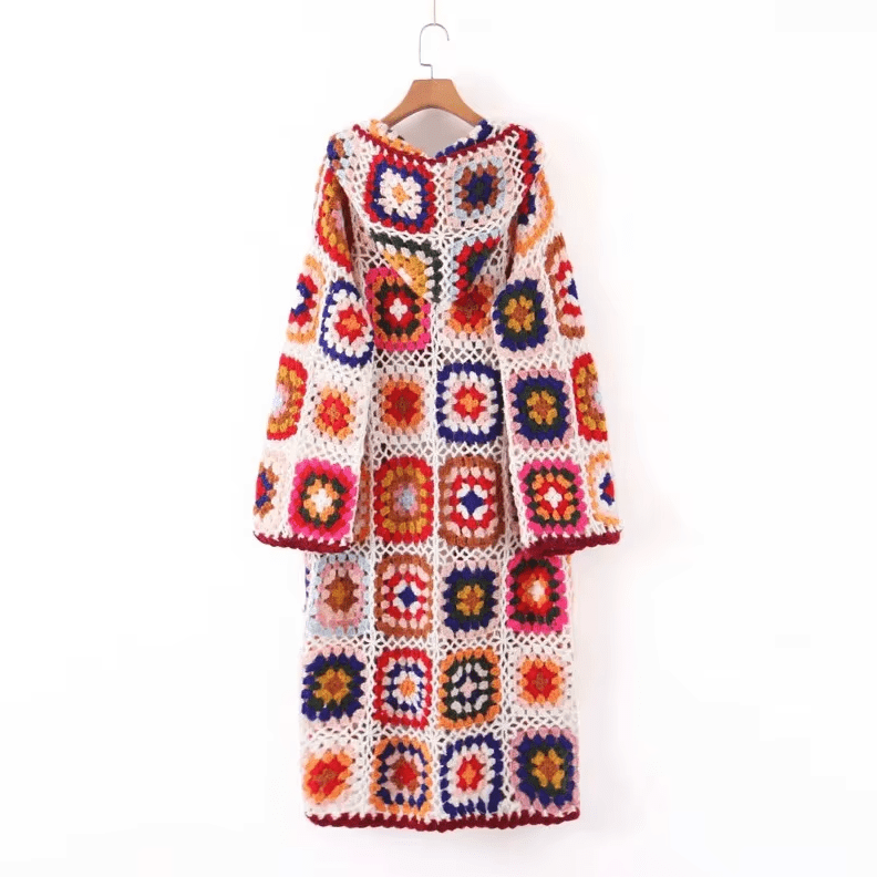 Women Hand Made Granny Square Crochet Hooded Long Sleeve Cardigan Coats & Jackets jehouze 