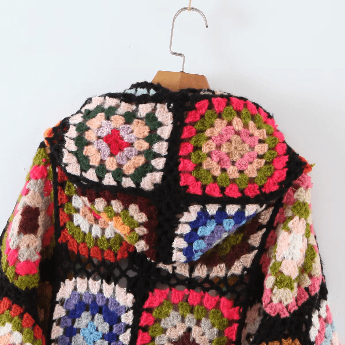 Women Hand Made Granny Square Crochet Hooded Long Sleeve Cardigan Coats & Jackets jehouze 