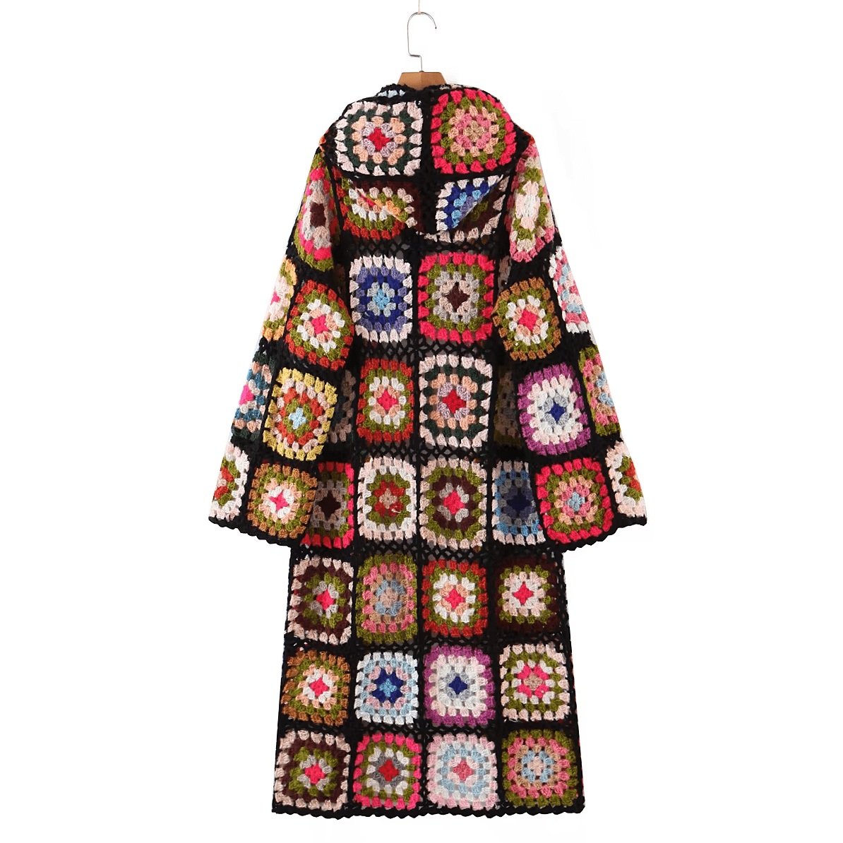 Women Hand Made Granny Square Crochet Hooded Long Sleeve Cardigan Coats & Jackets jehouze 