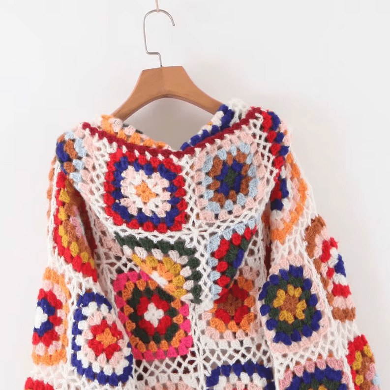 Women Hand Made Granny Square Crochet Hooded Long Sleeve Cardigan Coats & Jackets jehouze 